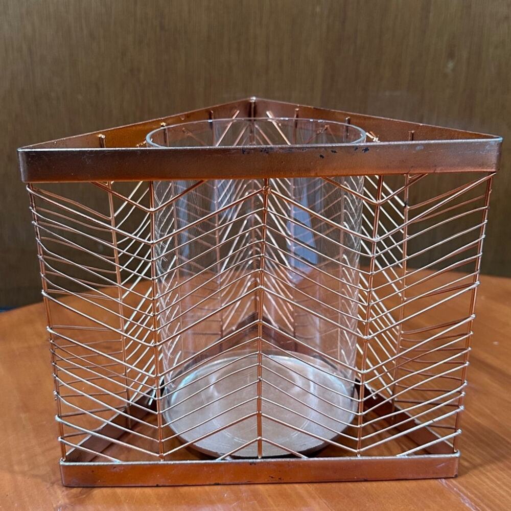 Copper Toned Wire and Glass Candle Holder